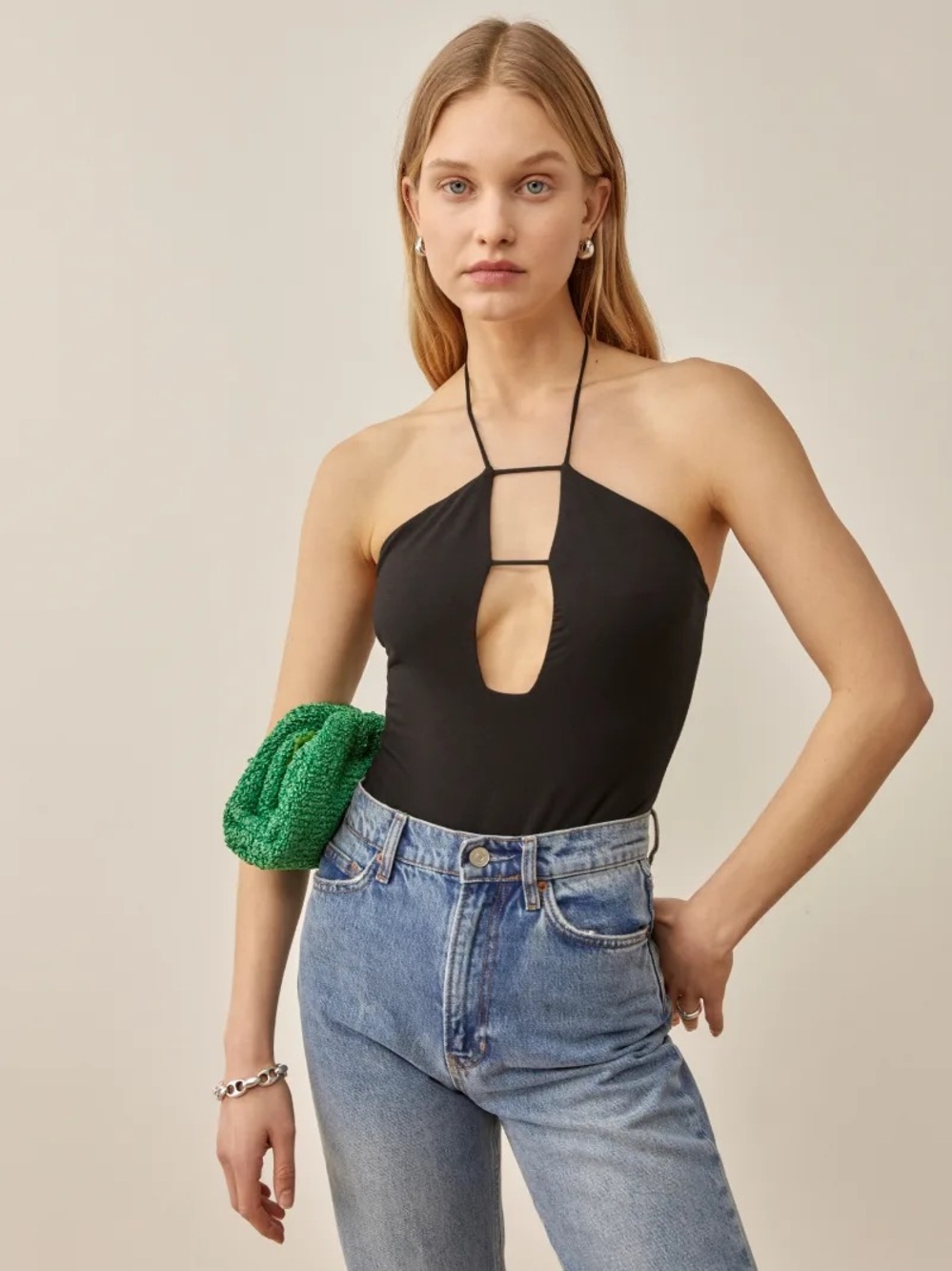 Reformation Meara Black Knit Strappy Halter Bodysuit Size M